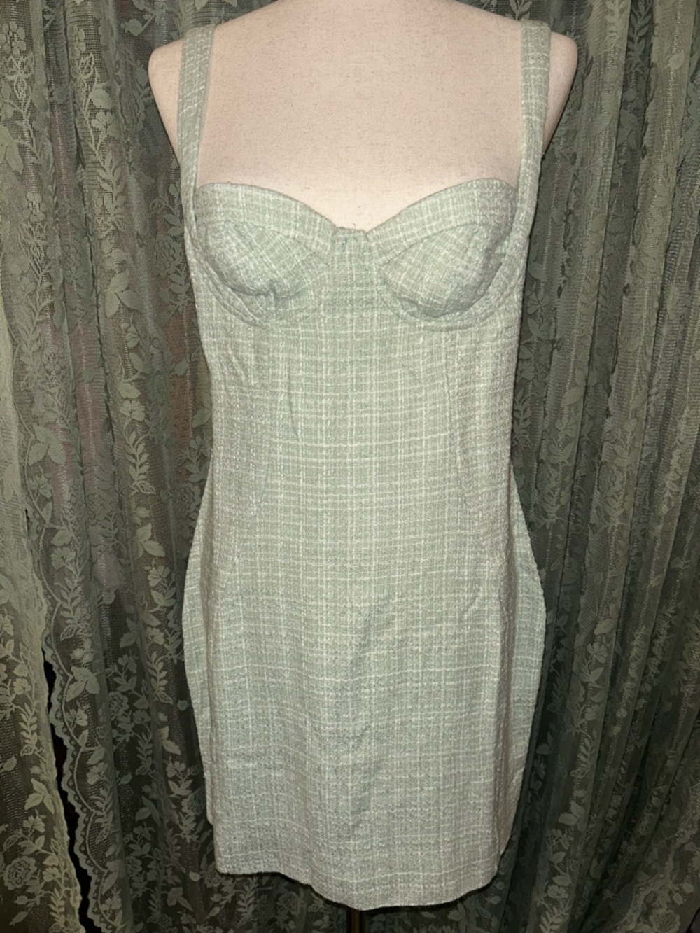 Light Mint Sage Plaid Tweed Bustier Mini Dress With Adjustable Straps